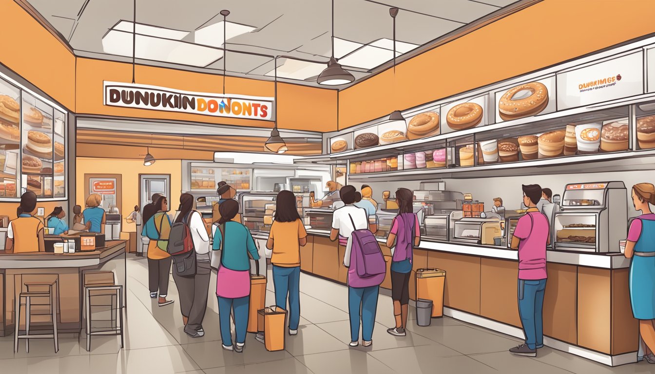 A bustling Dunkin' Donuts store with steaming coffee cups, a welcoming atmosphere, and a line of diverse customers eagerly waiting for their favorite wake-up call