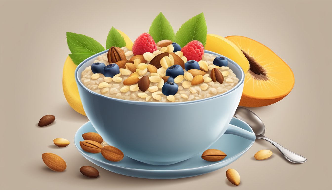 A bowl of oatmeal topped with a handful of mixed nuts, surrounded by a variety of fresh fruits and a cup of steaming coffee