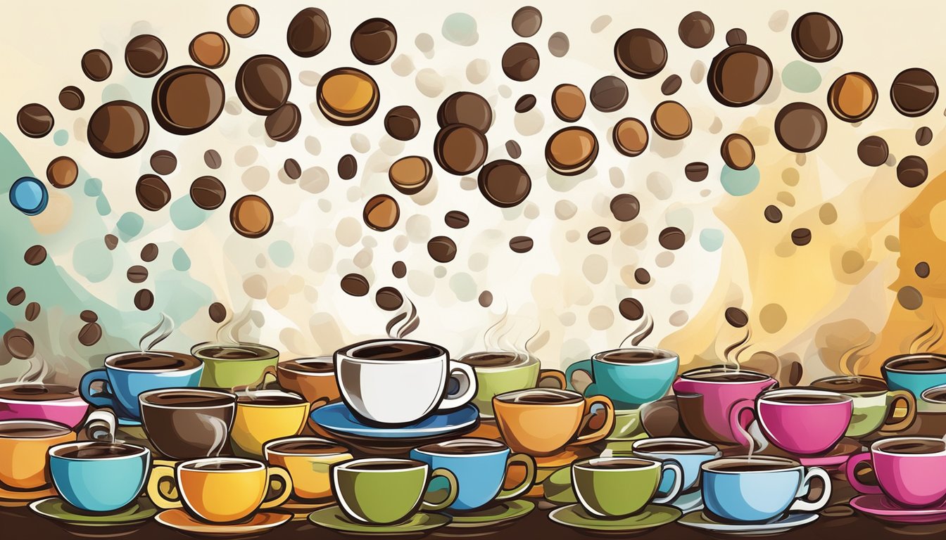 A colorful array of coffee cups and beans arranged in a dynamic composition, with steam rising from a fresh cup