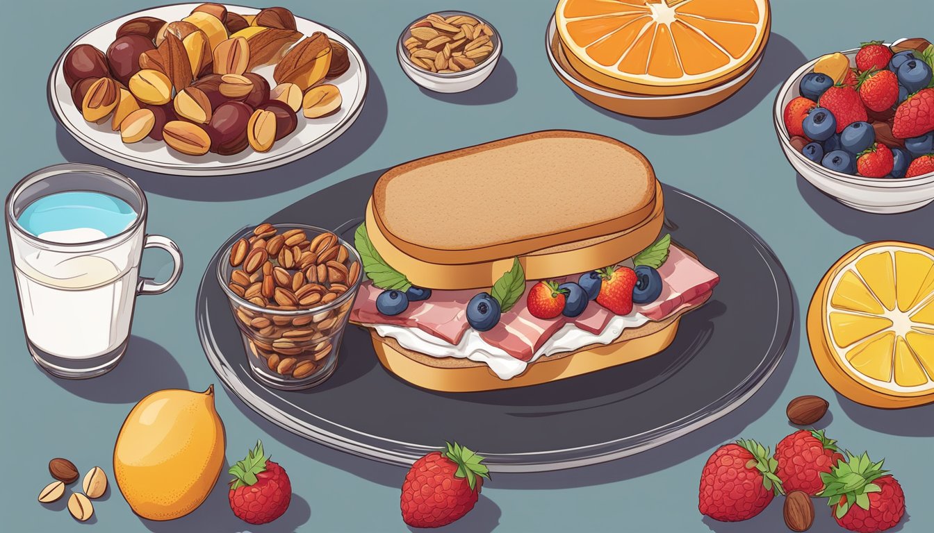 A turkey bacon sandwich surrounded by a colorful array of fresh fruits, nuts, and yogurt, with a steaming cup of coffee on the side