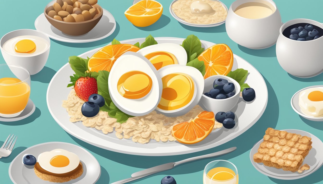 A plate with a boiled egg surrounded by various breakfast items, such as oatmeal, yogurt, and fruit, arranged in an appealing display