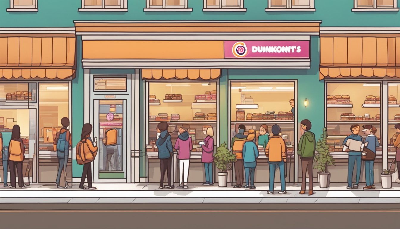 A bustling Dunkin' Donuts store with a line of customers eagerly waiting for their morning coffee fix, while the aroma of freshly brewed coffee fills the air