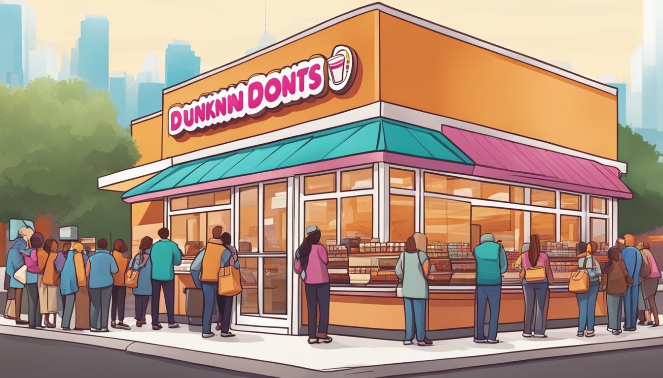 A bustling Dunkin' Donuts store with a line of customers eagerly waiting for their favorite morning coffee. The aroma of freshly brewed coffee fills the air