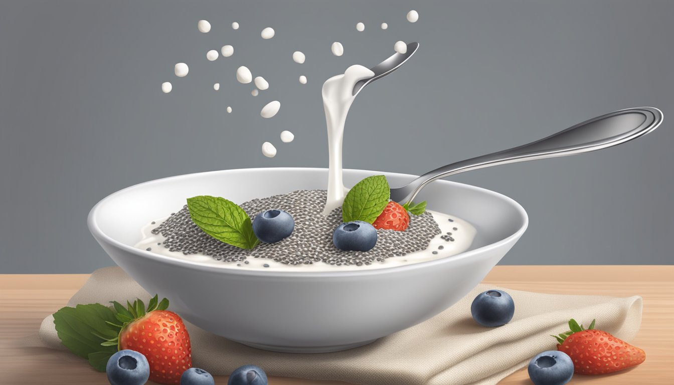 A spoon sprinkles chia seeds onto a bowl of yogurt