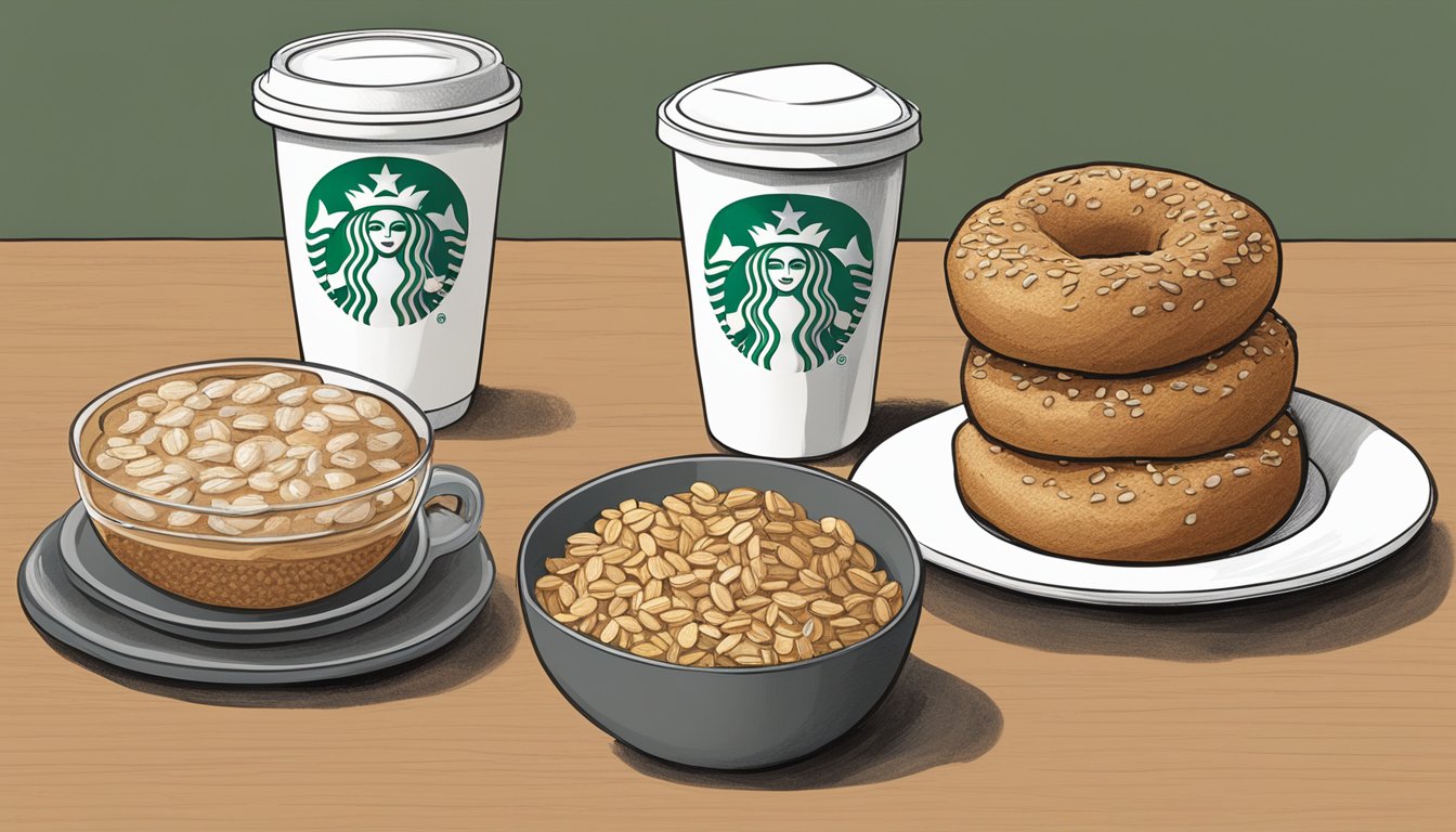 A table set with a variety of whole grain breakfast options, including oatmeal, whole grain bagels, and multigrain muffins, alongside a cup of Starbucks coffee