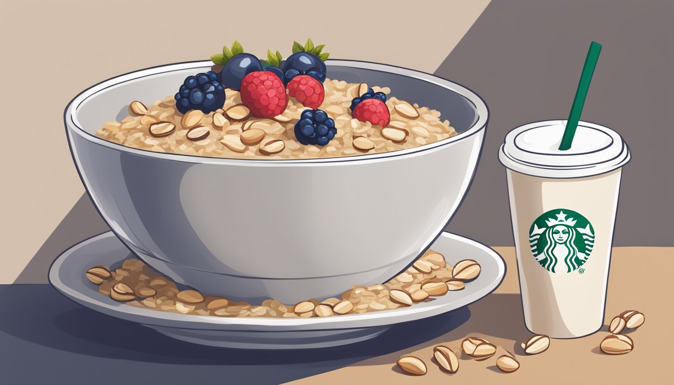 A bowl of oatmeal topped with nuts and berries sits on a table next to a Starbucks coffee cup