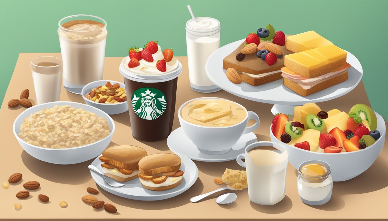 A table with a variety of Starbucks breakfast items, including oatmeal, yogurt, and sandwiches, surrounded by fruits and nuts for added nutrition