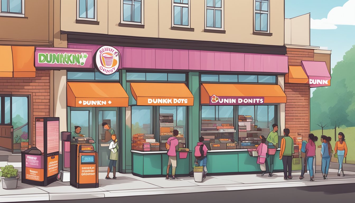 A bustling Dunkin' Donuts store with a line of customers, a recycling station, and a compost bin next to a sign promoting eco-friendly initiatives