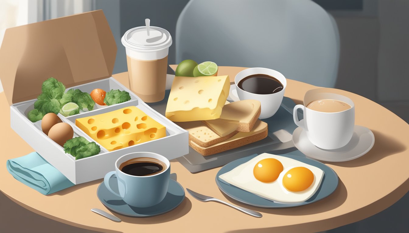 A protein box with eggs and cheese sits on a table, surrounded by a coffee cup and other breakfast items