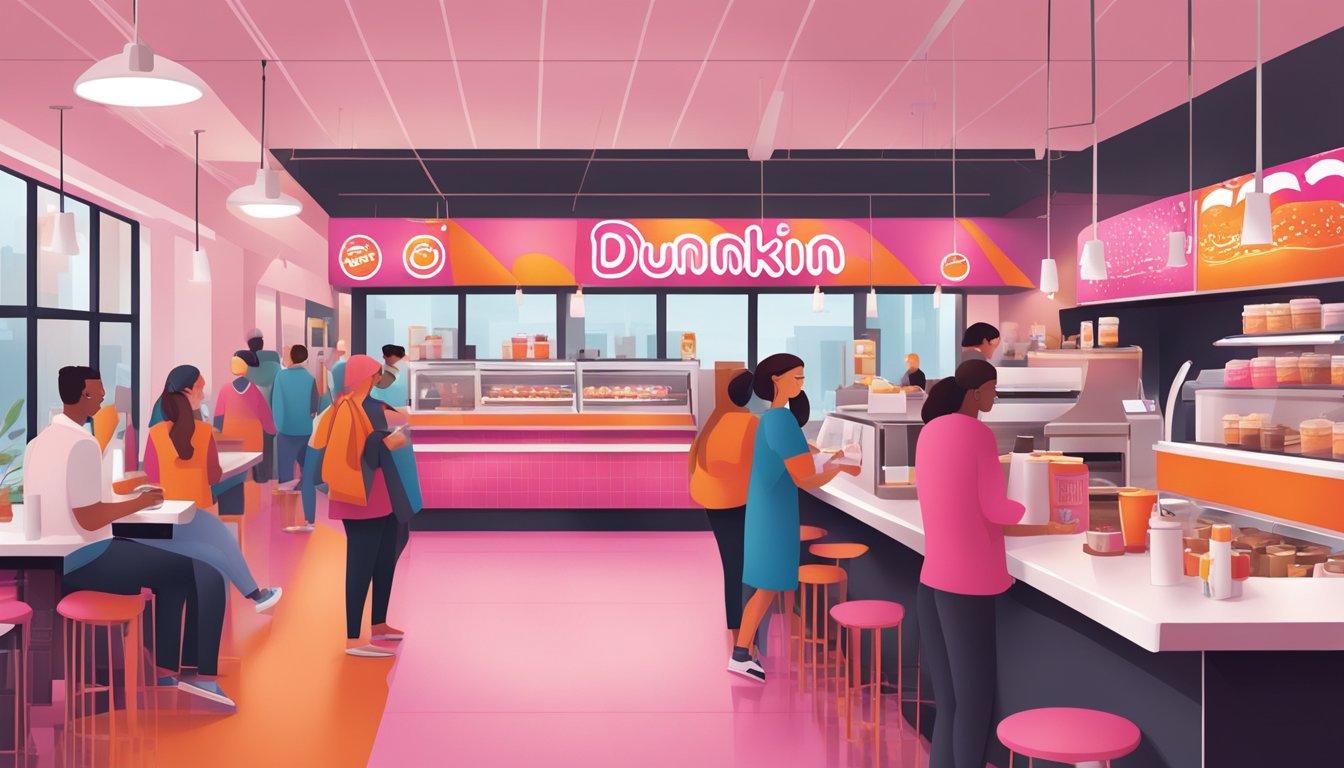 A bustling Dunkin' Coffee shop with a line of customers, iconic pink and orange branding, and the aroma of freshly brewed coffee filling the air