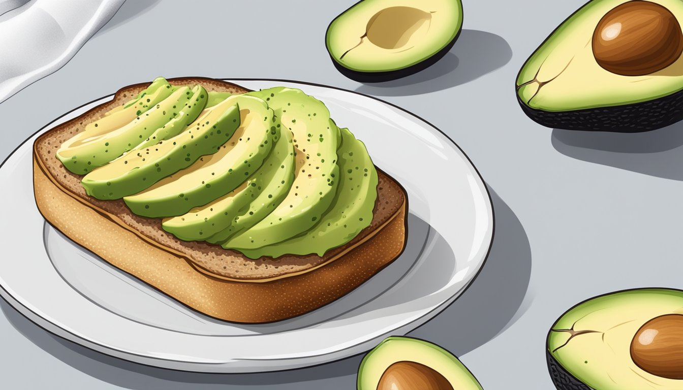 A slice of multigrain toast topped with avocado spread, sitting on a white plate