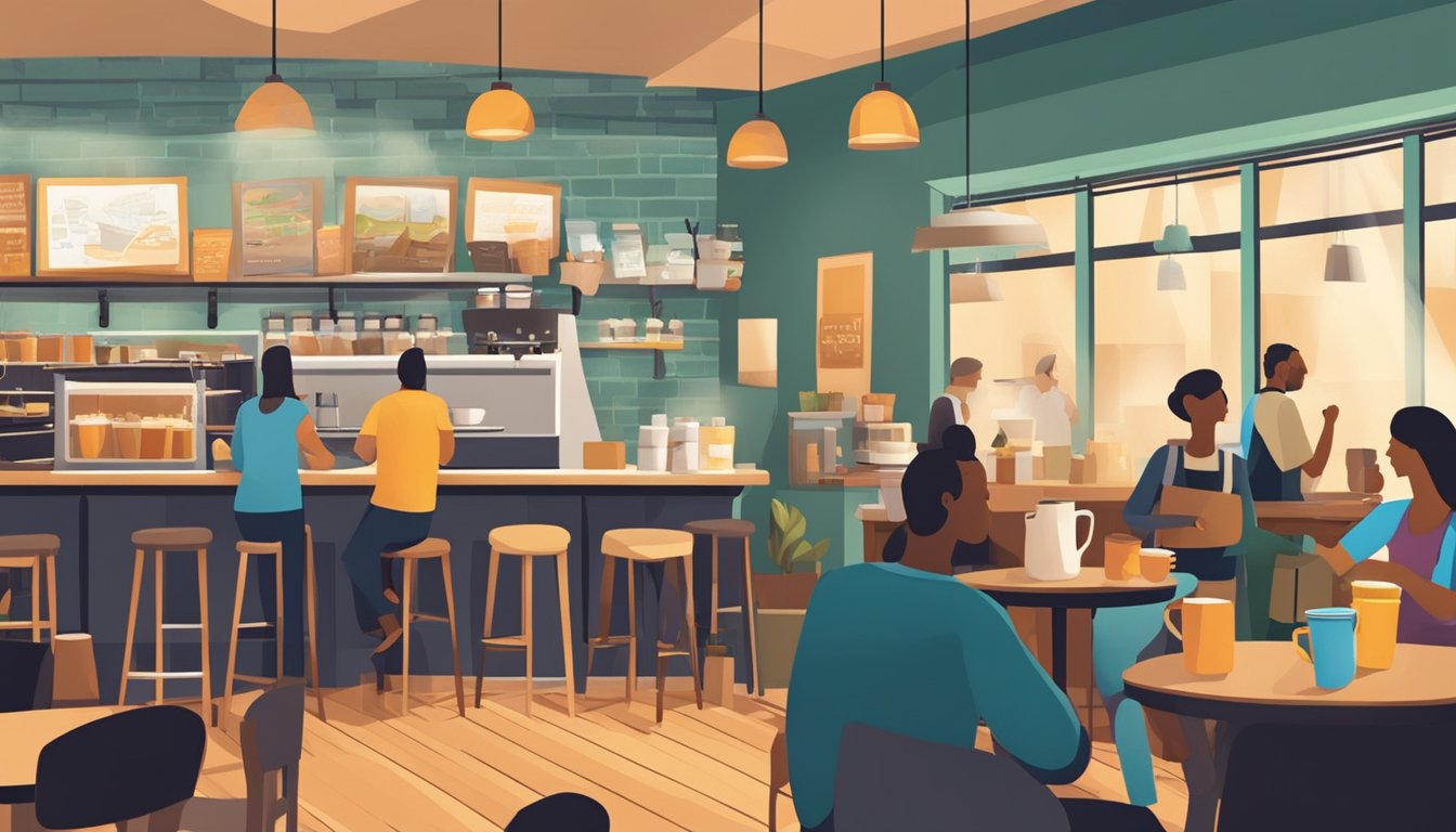 A bustling coffee shop with steaming mugs, colorful packaging, and a welcoming atmosphere. Customers chat and laugh as they savor the aroma of freshly brewed coffee