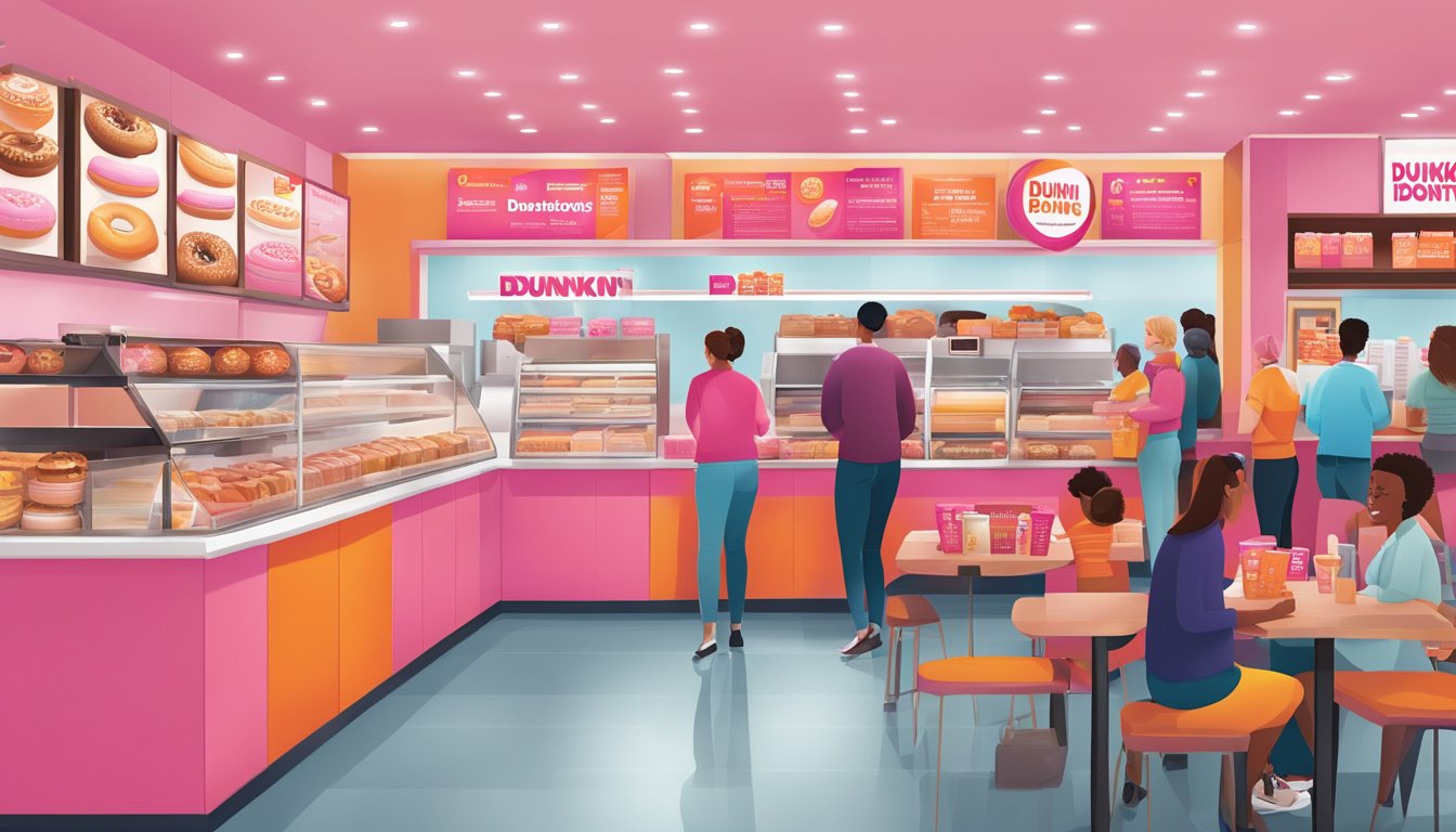 A bustling Dunkin' Donuts store with a long line of diverse customers, a warm and inviting interior, and the iconic pink and orange branding displayed prominently