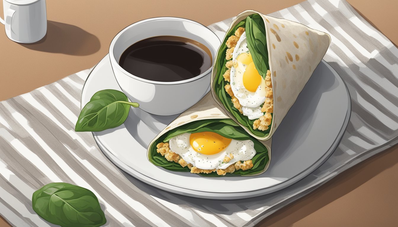 A breakfast wrap surrounded by fresh spinach, crumbled feta, and cage-free egg whites, with a steaming cup of coffee nearby