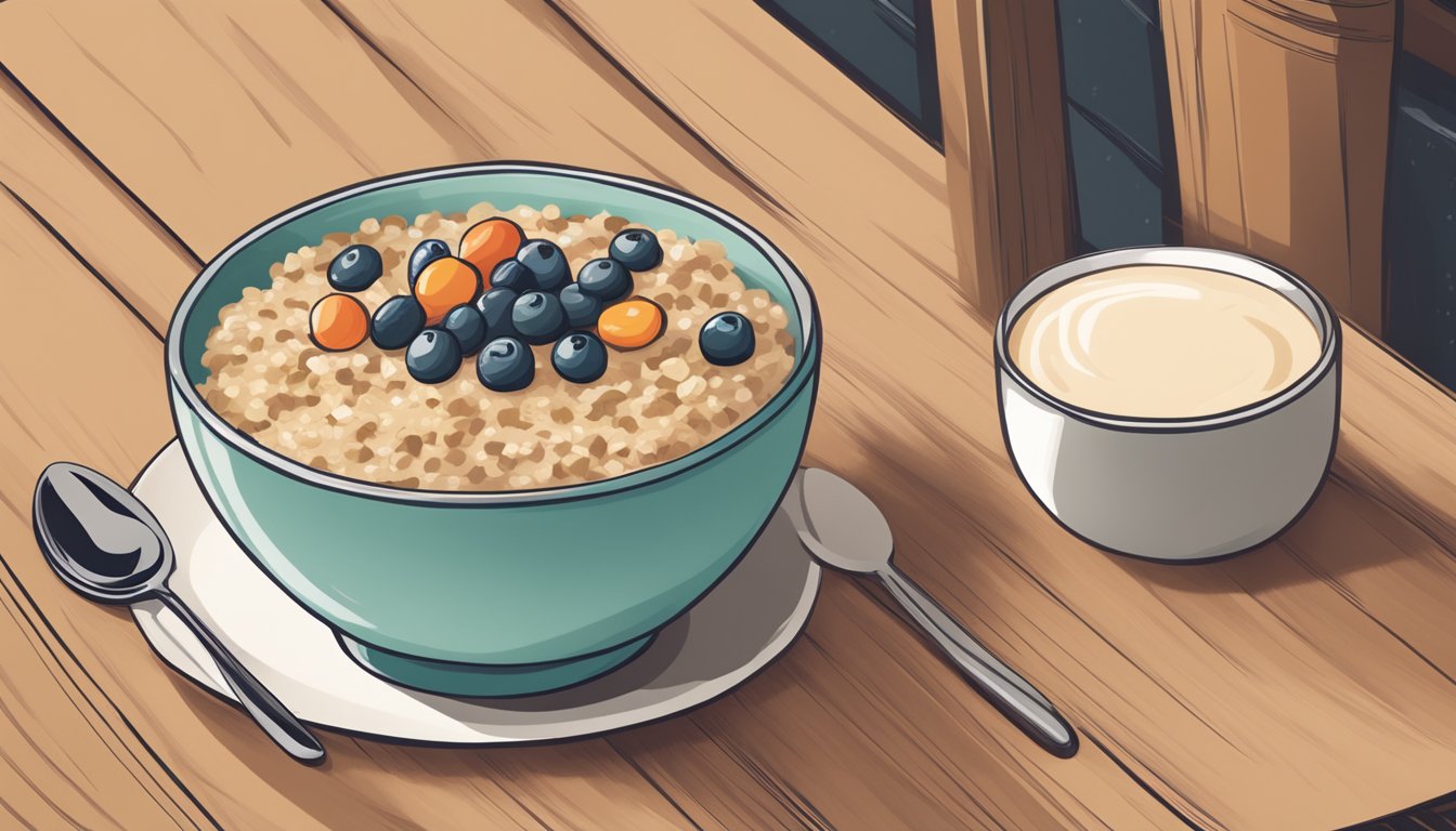 A bowl of classic oatmeal with toppings sits on a wooden table next to a Starbucks coffee cup