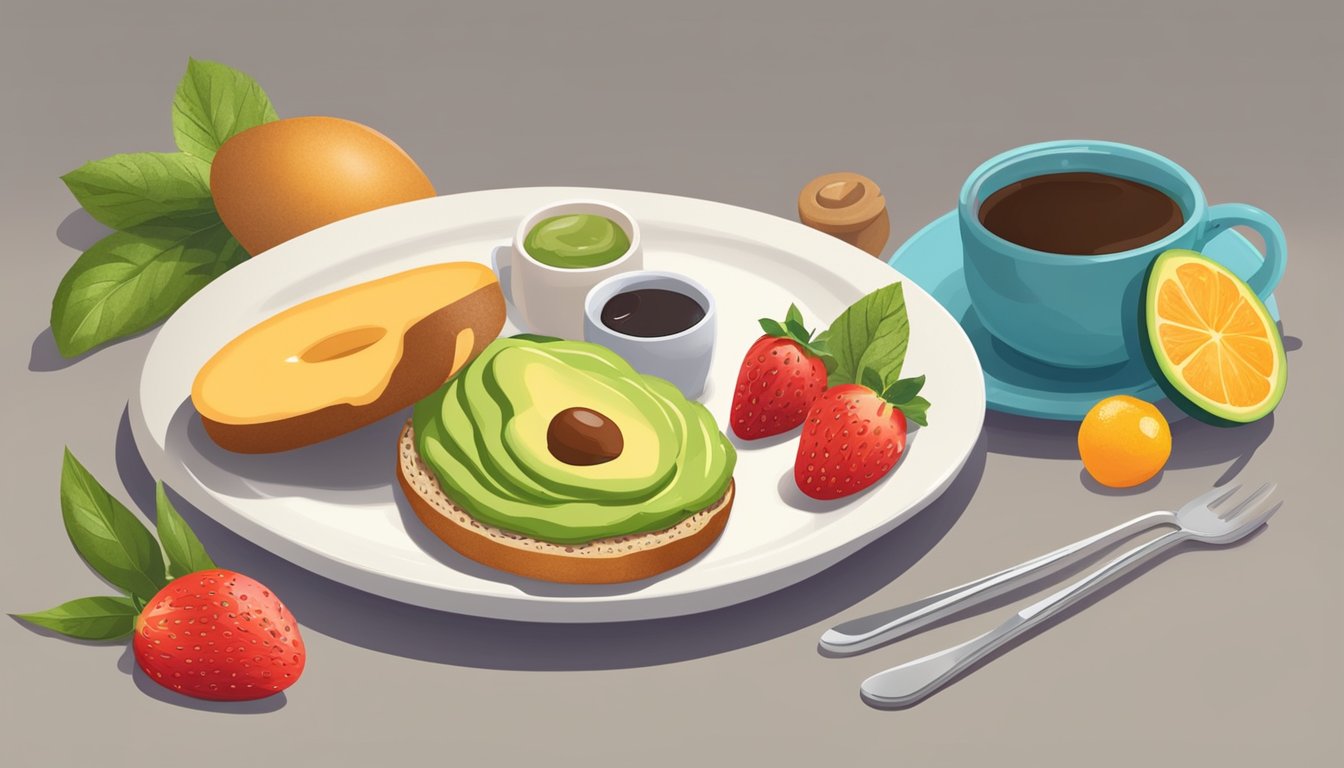 A colorful plate with a sliced avocado spread on a sprouted grain bagel, surrounded by fresh fruits and a steaming cup of coffee