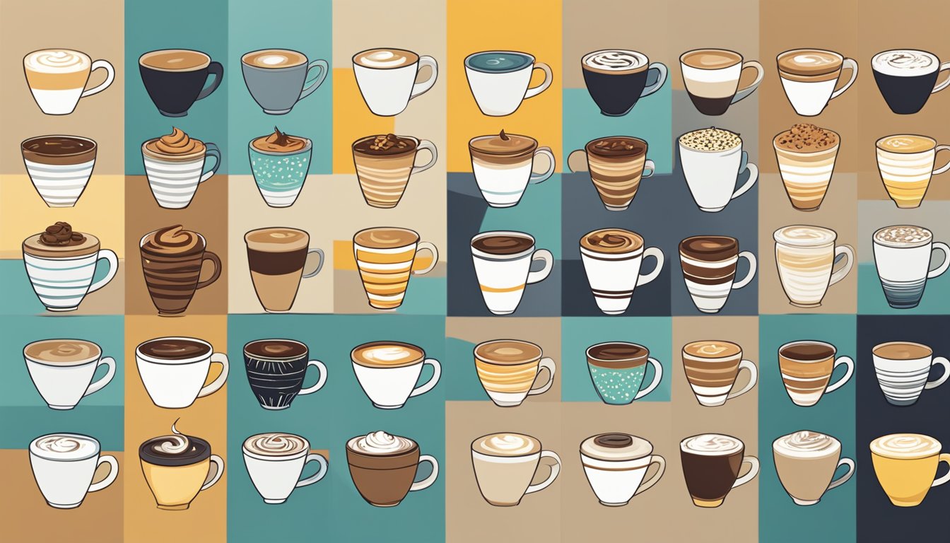 A colorful array of coffee cups, each with unique toppings and flavors, lined up on a sleek countertop