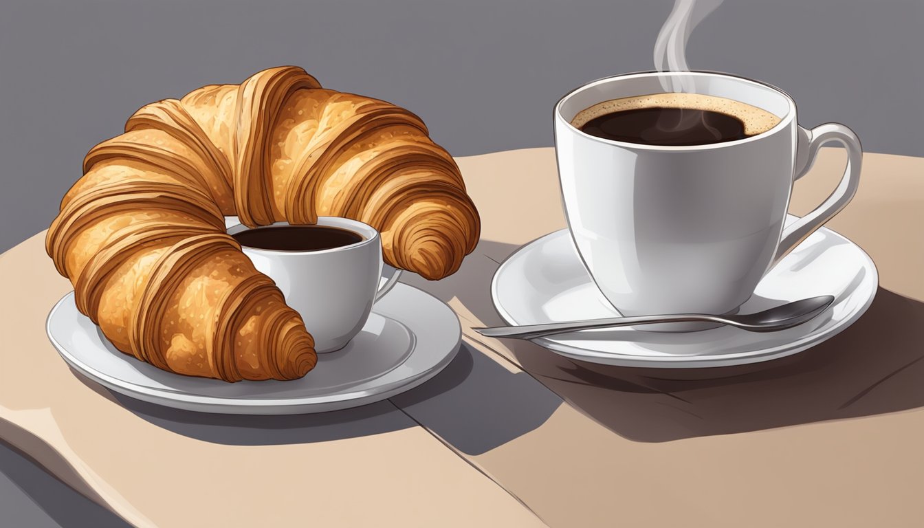 An almond croissant sits on a plate next to a steaming cup of coffee, ready to be enjoyed on the go