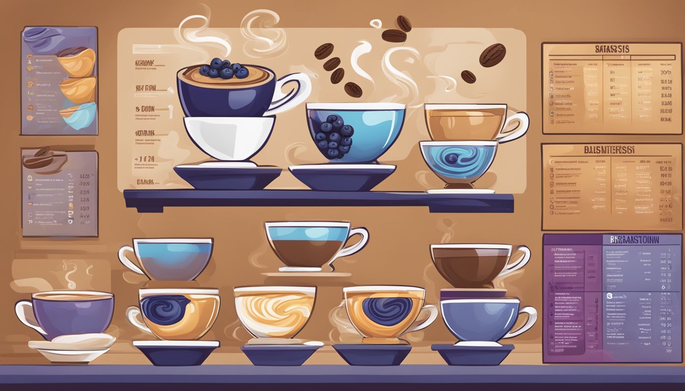 A barista swirling blueberry flavor into a cup of coffee at Dunkin', with 12 different variations displayed on a menu board