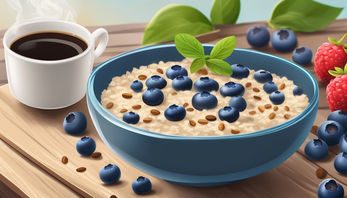 A steaming bowl of blueberry oatmeal sits on a wooden table, surrounded by fresh berries and a cup of coffee