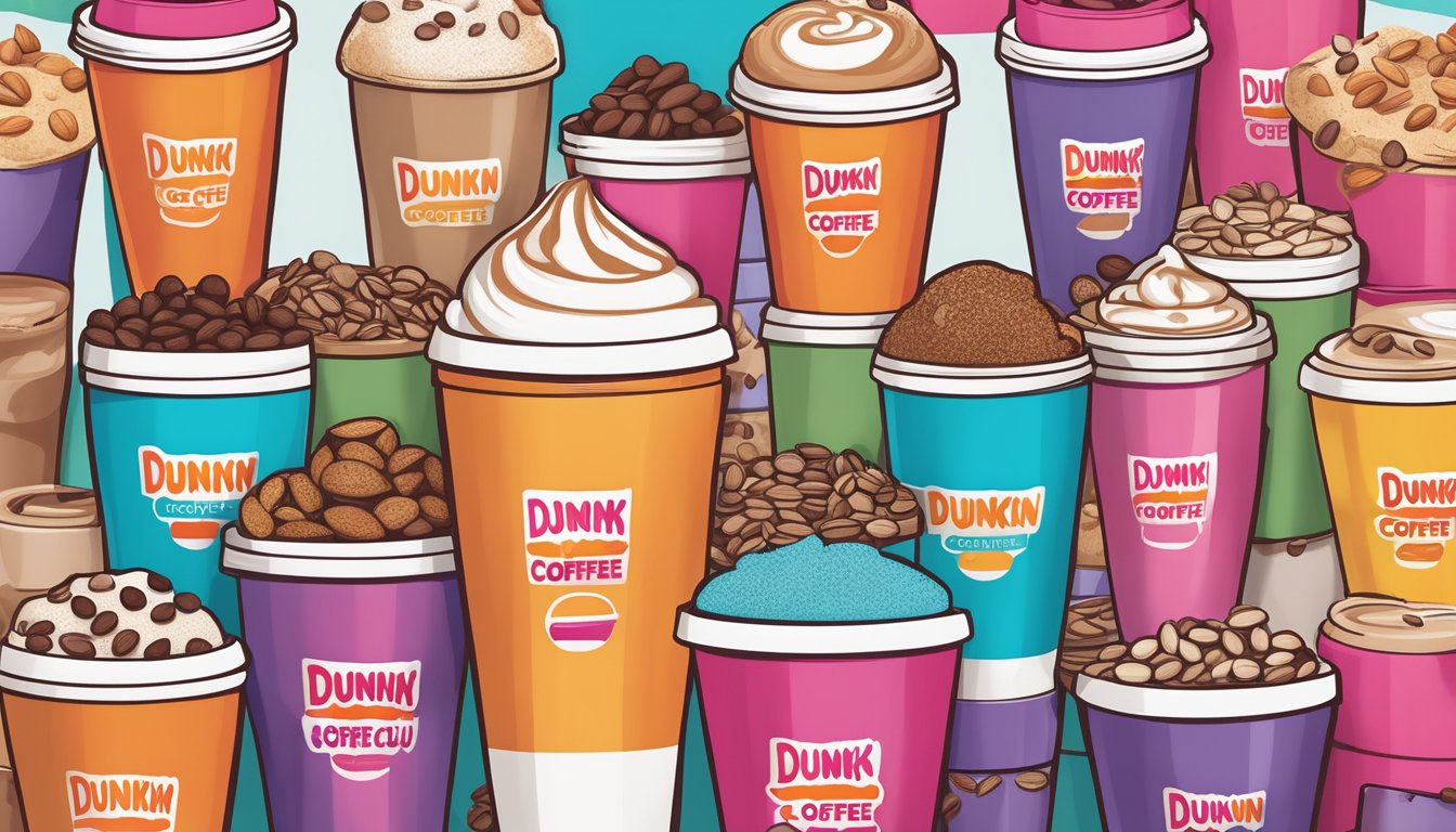 A colorful array of 12 different Dunkin' coffee cups, each customized with various additions of almond milk, surrounded by coffee beans and decorative elements