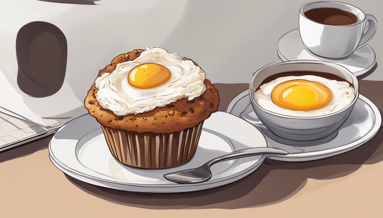 A muffin with turkey bacon and egg whites on a plate, next to a cup of coffee