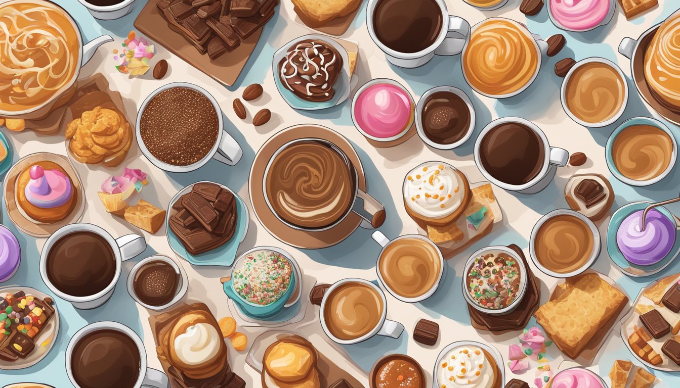 A steaming cup of Dunkin' coffee with a generous caramel drizzle cascading down the sides, surrounded by various customizable add-ins like syrups and toppings