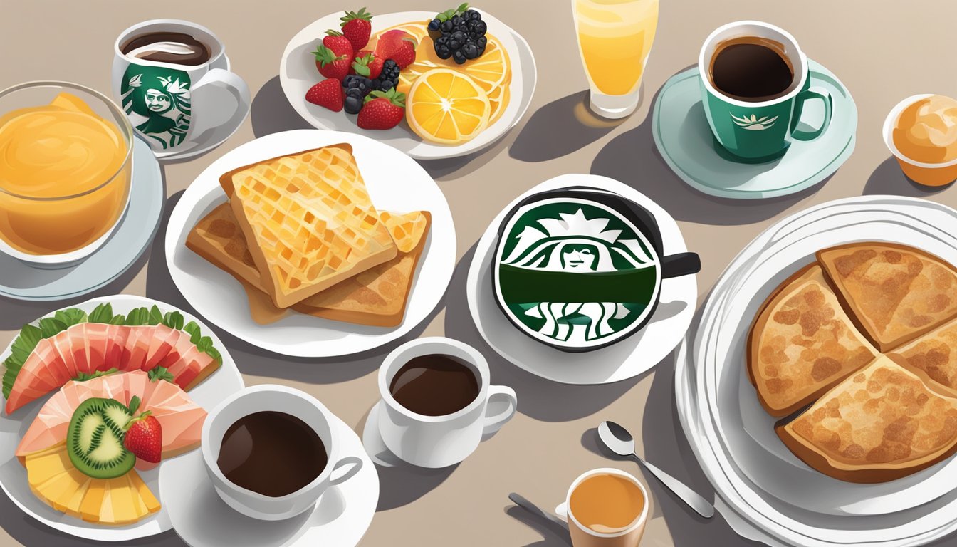 A table with a variety of Starbucks breakfast items neatly arranged on plates and bowls, surrounded by fresh fruits and a cup of coffee