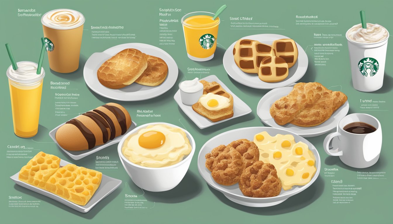 A table with 15 Starbucks breakfast items arranged for easy one-handed eating, with nutritional values displayed alongside each item