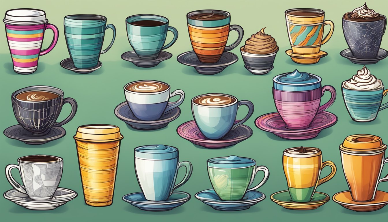 A colorful array of 12 different coffee cups, each customized in unique ways, with options for hot or iced beverages