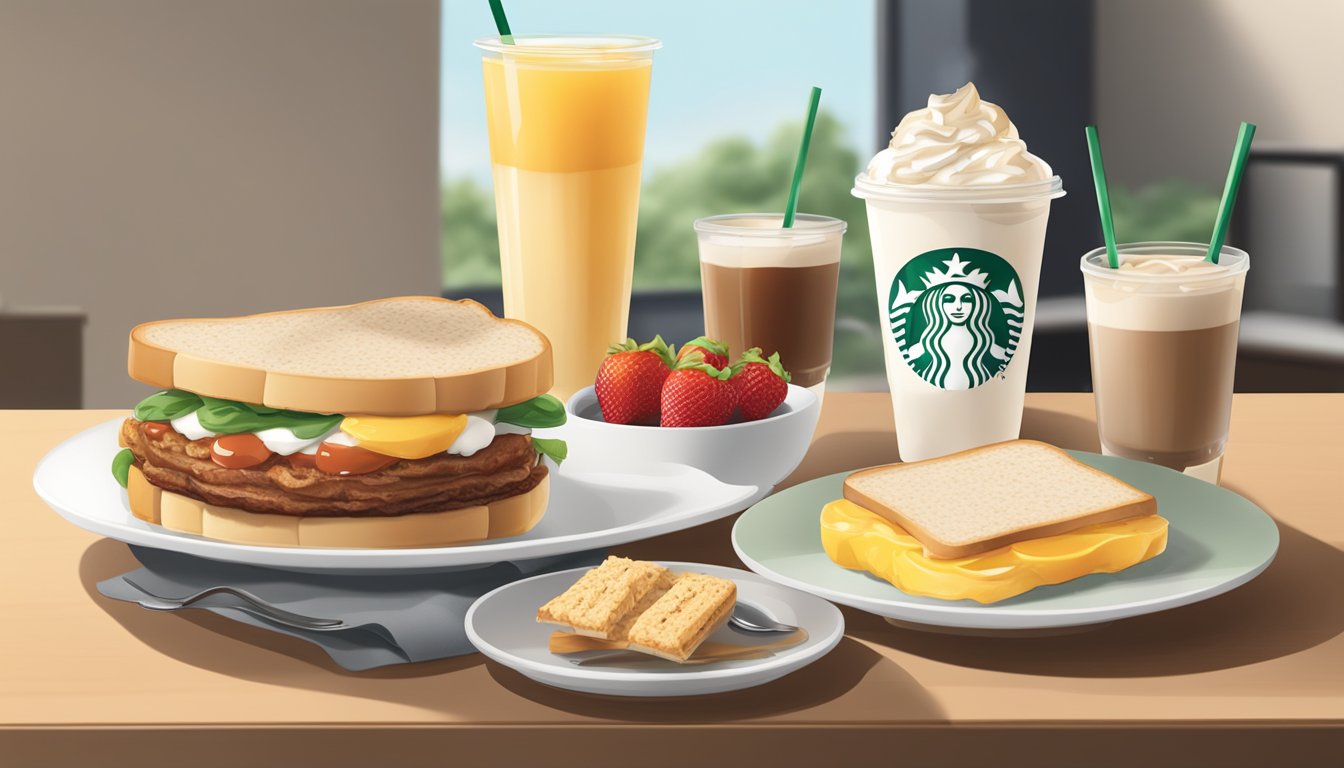 A table set with a variety of Starbucks breakfast items, including sandwiches, oatmeal, and yogurt parfaits, with fresh fruit and coffee nearby