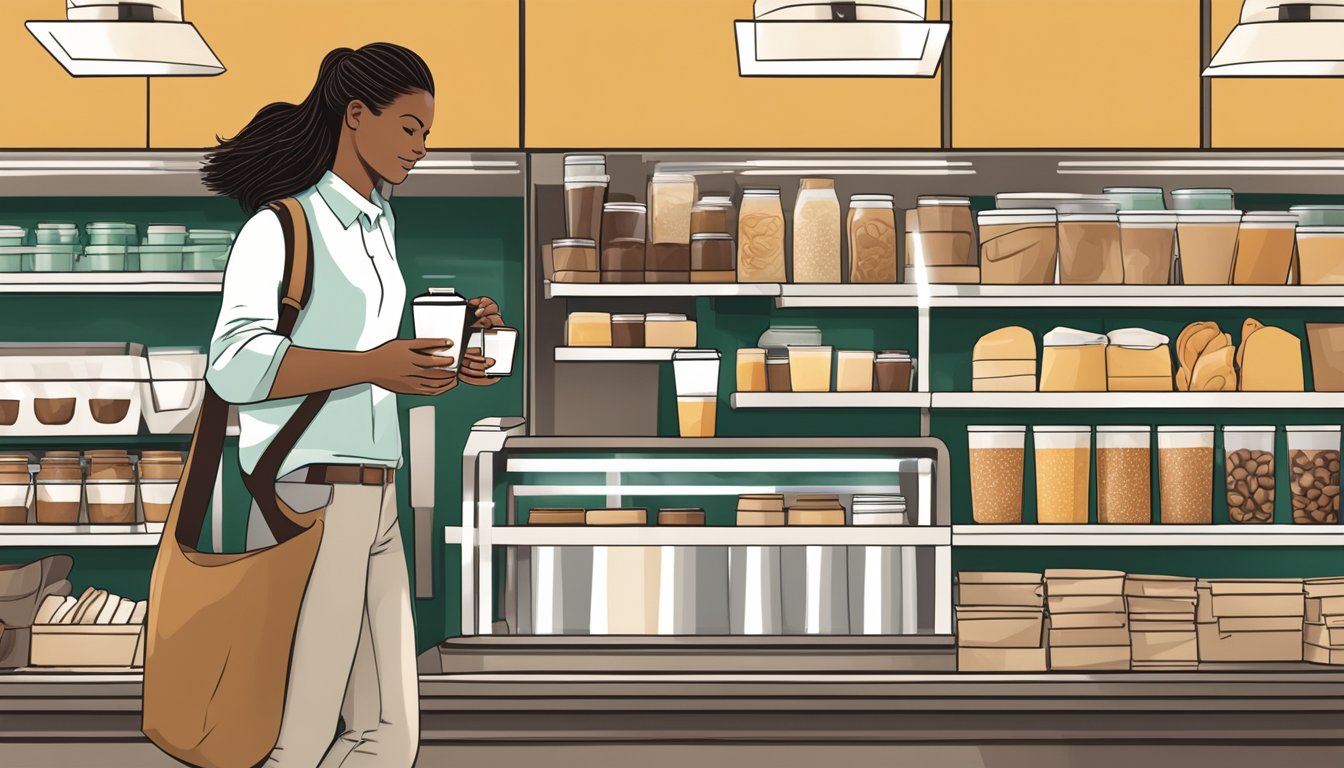 A person grabbing a coffee and a breakfast item from a Starbucks display while on the go