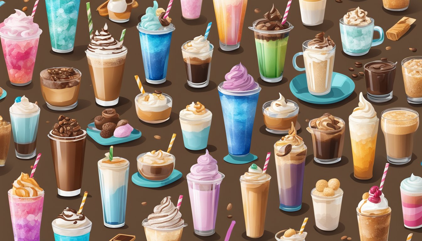 A colorful array of frozen coffee drinks surrounded by various mix-in options like syrups, whipped cream, and toppings, displayed on a sleek countertop