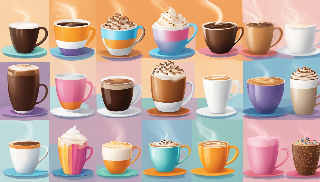 A cup of skim milk pouring into a steaming mug of Dunkin' coffee, surrounded by 12 different customizable options