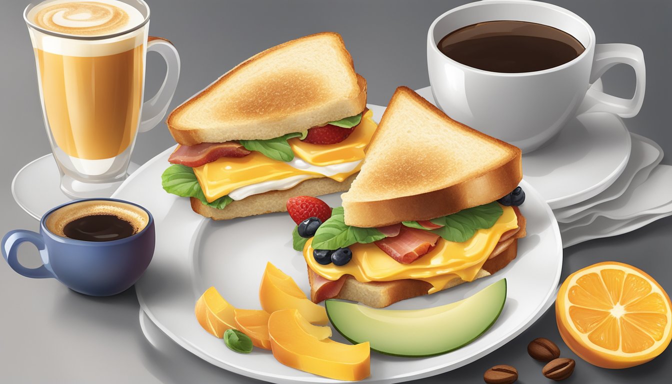 A sizzling bacon gouda & egg sandwich sits on a white plate, surrounded by a steaming cup of coffee and a colorful assortment of fresh fruit