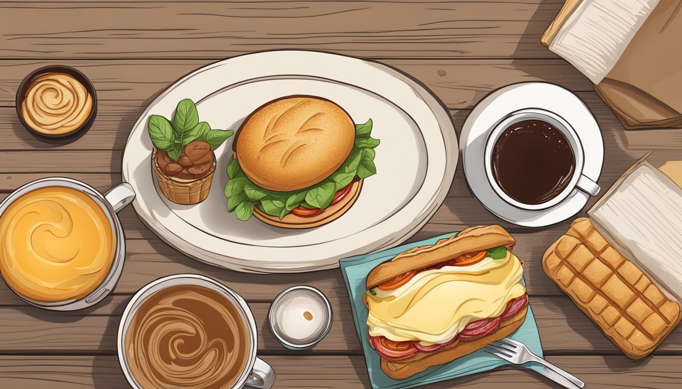 A breakfast sandwich surrounded by a cup of coffee and a pastry on a wooden table