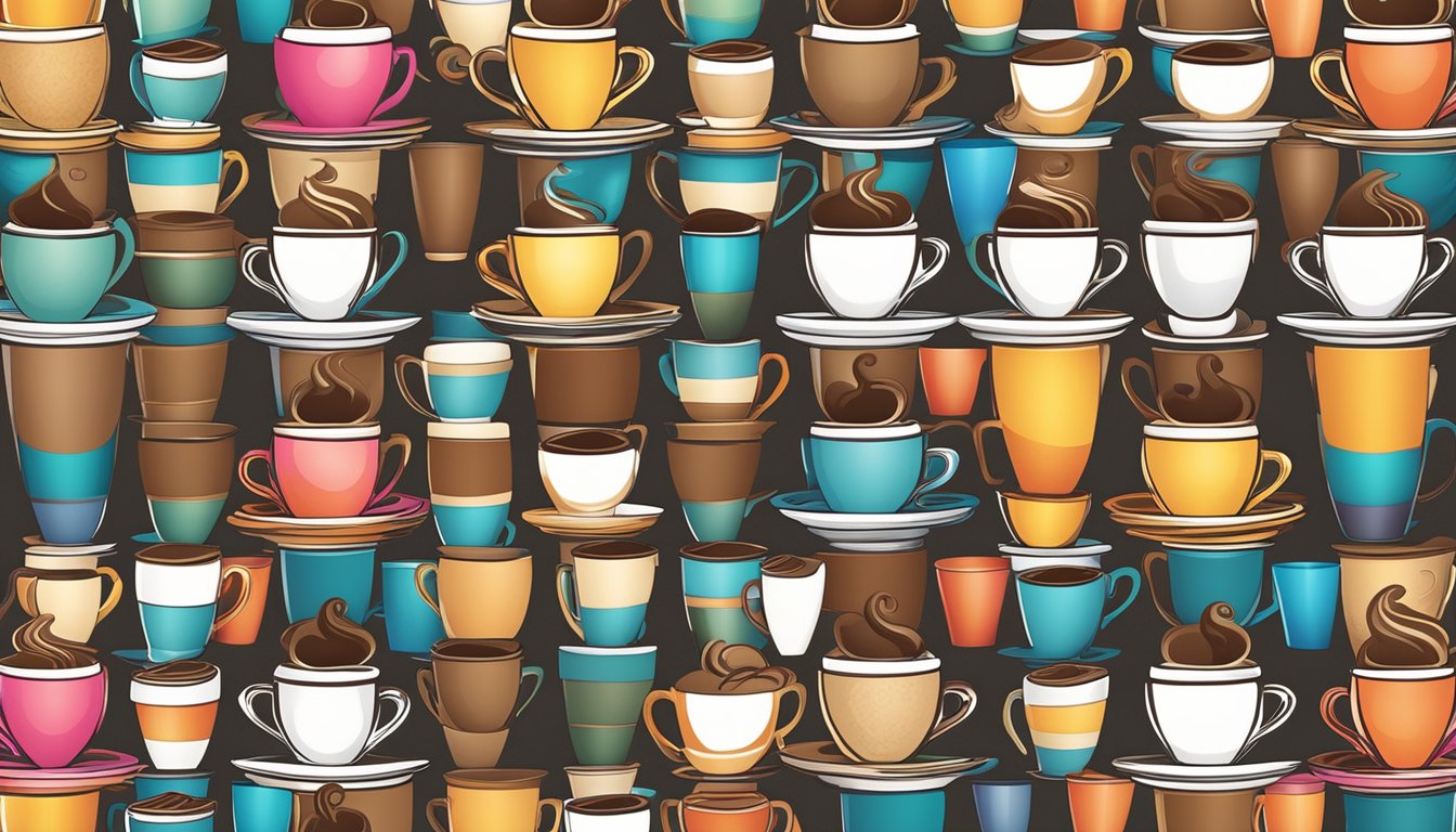 A colorful array of 12 different coffee cups, each customized with a unique Mocha Swirl design, arranged in a visually appealing pattern