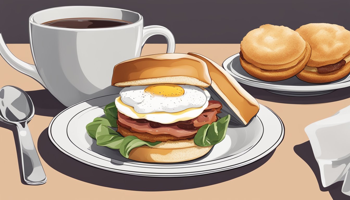 A breakfast muffin with turkey bacon, egg white, and English muffin on a plate, surrounded by a cup of coffee and a fruit bowl