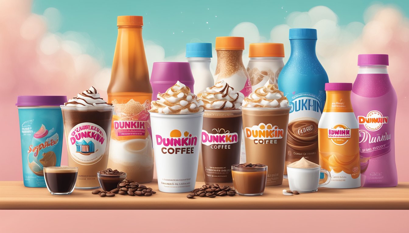 A steaming cup of Dunkin' coffee sits on a table, surrounded by various options for customizing the drink, such as different flavored syrups, milk alternatives, and sweeteners