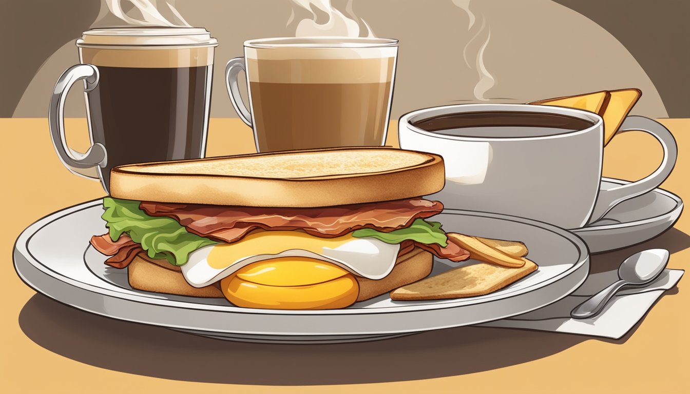 A sizzling bacon, cheddar, and egg sandwich on a toasted bun, surrounded by a steaming cup of coffee and a pastry