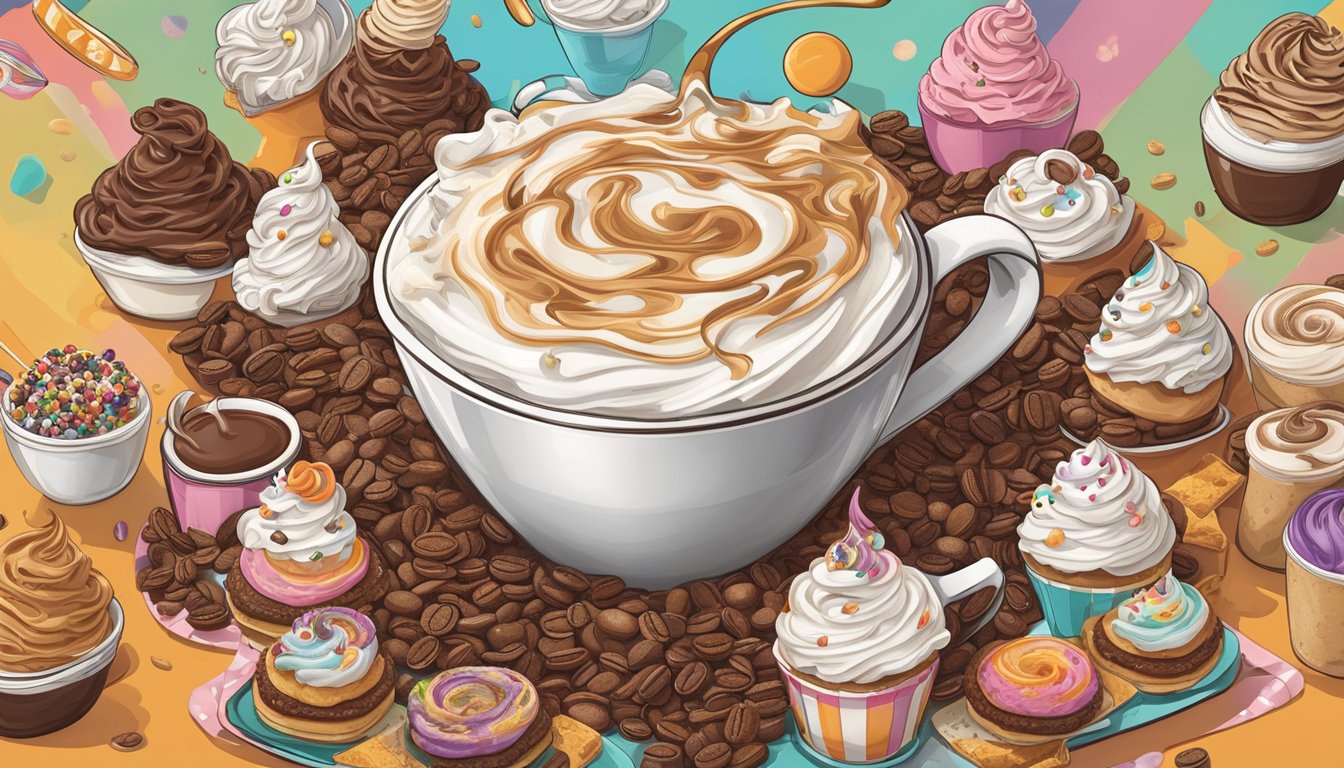 A steaming cup of Dunkin' coffee adorned with a generous swirl of whipped cream, surrounded by a variety of customizable toppings and flavors