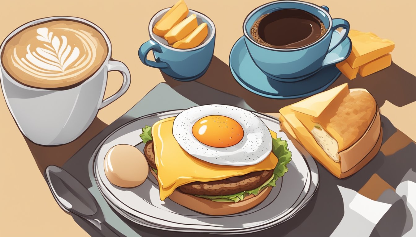 A breakfast sandwich with sausage, melted cheddar, and a fluffy egg on a toasted bun, surrounded by a cup of coffee and a side of fresh fruit