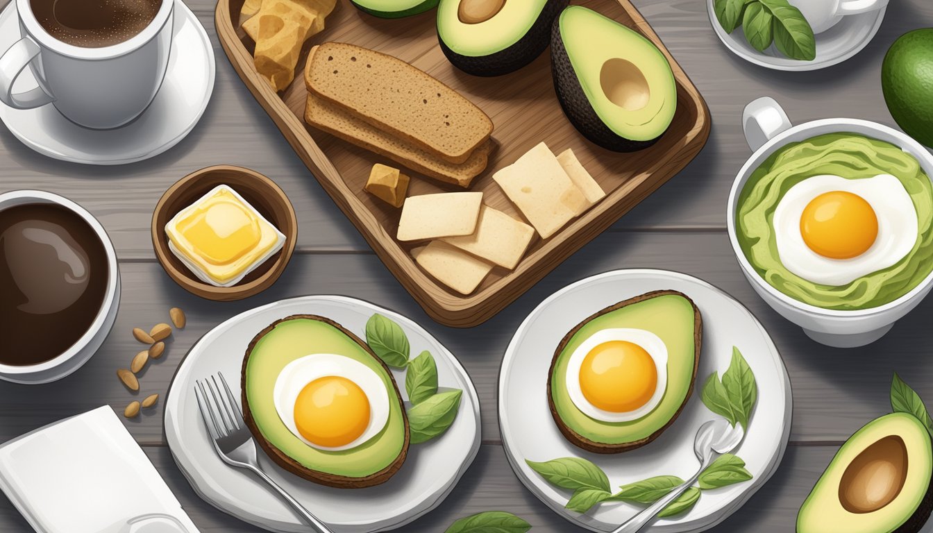 A wooden table with a white plate holding an avocado spread and cage-free egg protein box, surrounded by a coffee cup and other breakfast items