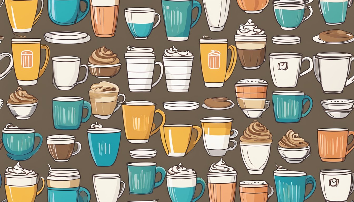 A colorful array of coffee cups, each with different toppings and flavors, surrounded by various add-in options like cream, sugar, and syrups