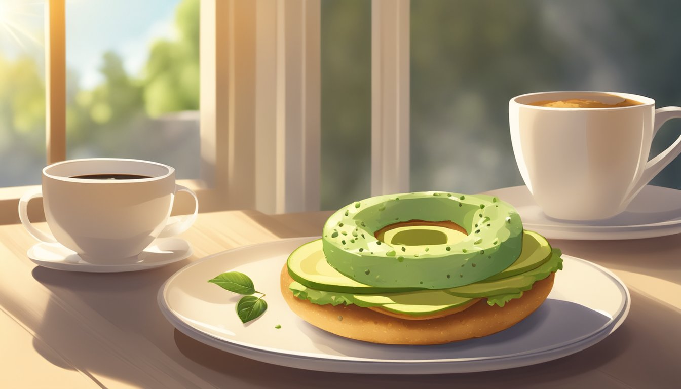 A multigrain bagel topped with avocado spread sits on a plate next to a steaming cup of coffee. Sunlight streams through a window, casting a warm glow on the breakfast spread