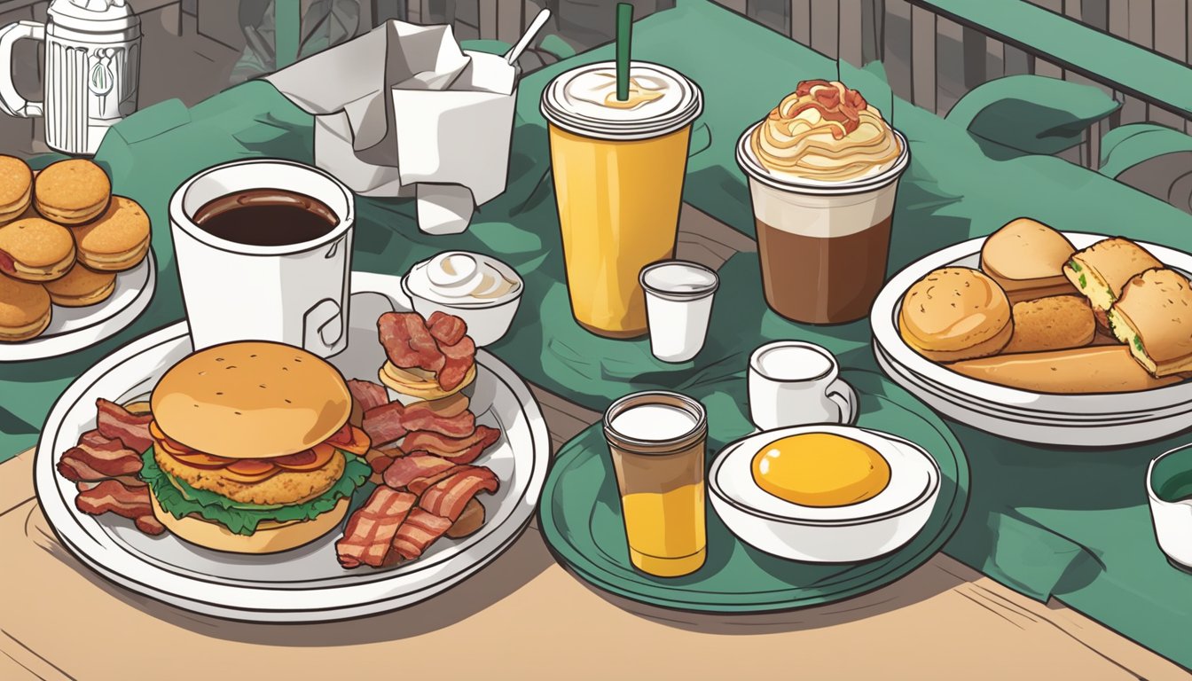 A plate with a chicken sausage and bacon biscuit surrounded by other Starbucks breakfast items, ready for sharing