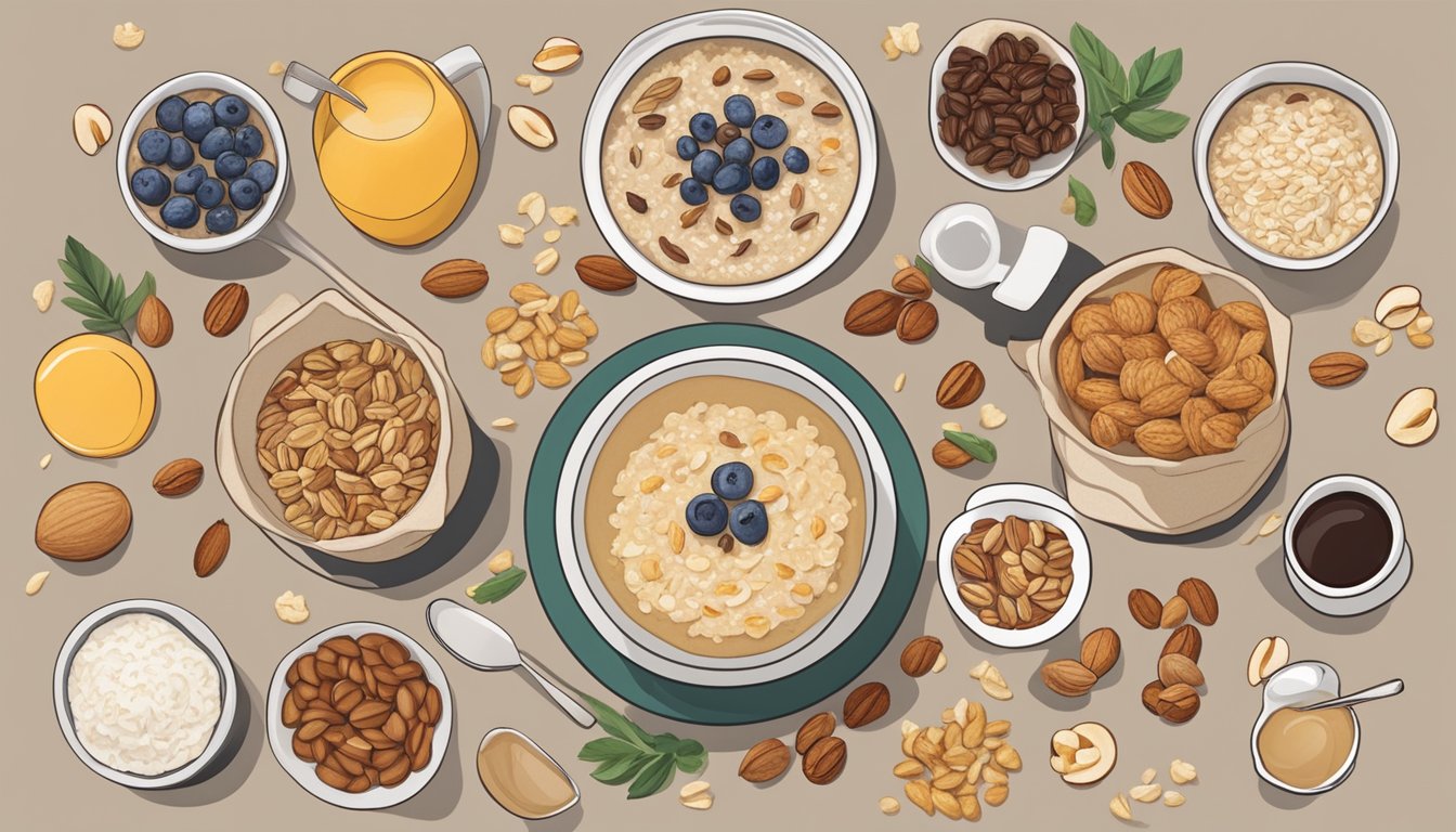 A bowl of oatmeal topped with a variety of nuts and seeds, surrounded by a selection of other breakfast options from Starbucks