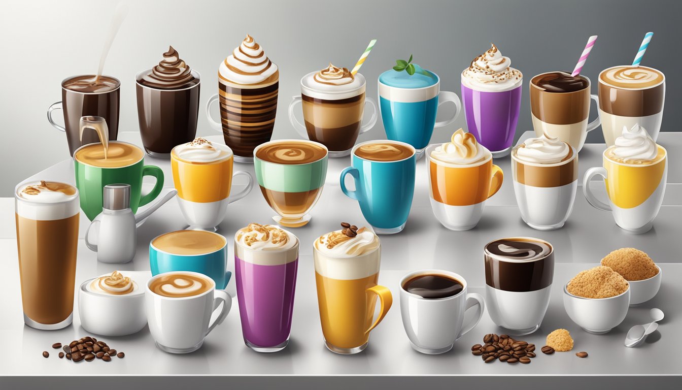 A colorful array of coffee mugs, each filled with a unique combination of syrups, creams, and toppings, arranged on a sleek countertop