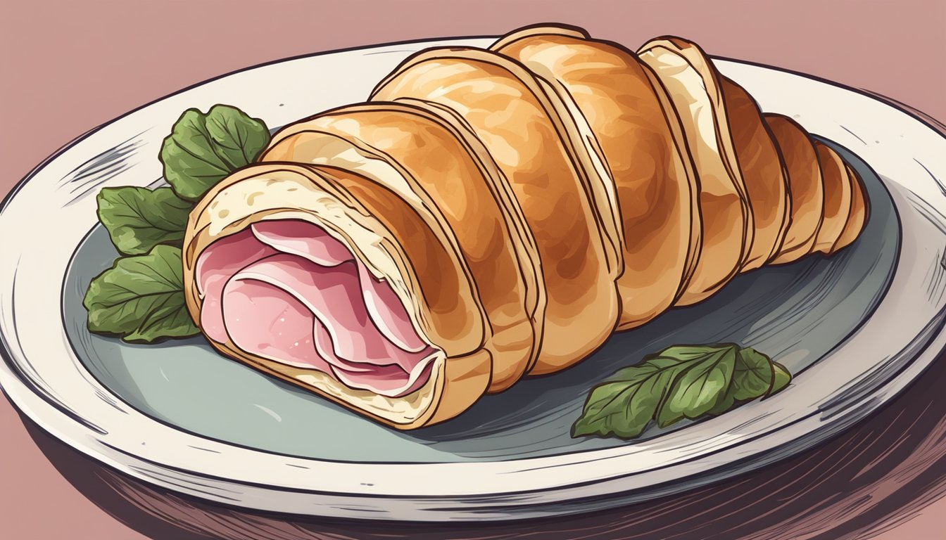 A flaky croissant filled with ham and Swiss cheese on a plate