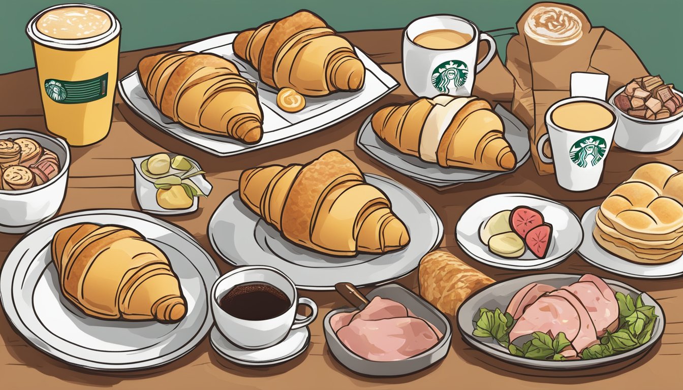 A buttery croissant filled with ham and Swiss cheese, surrounded by a variety of Starbucks breakfast options on a table